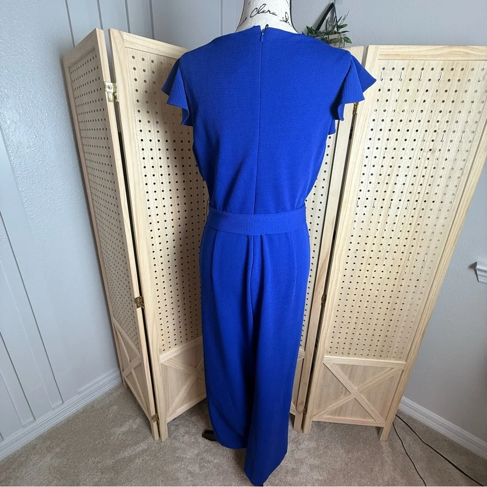 Tahari Royal Blue Textured Midi Dress Size 10 Flutter Sleeve Belted Career - Picture 5 of 11